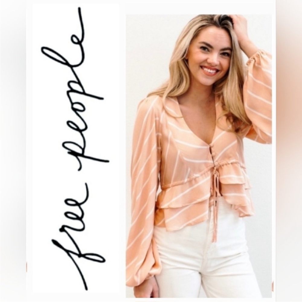 Free People Women’s Peplum Peach & White Striped Balloon Sleeve‎ Blouse Size M